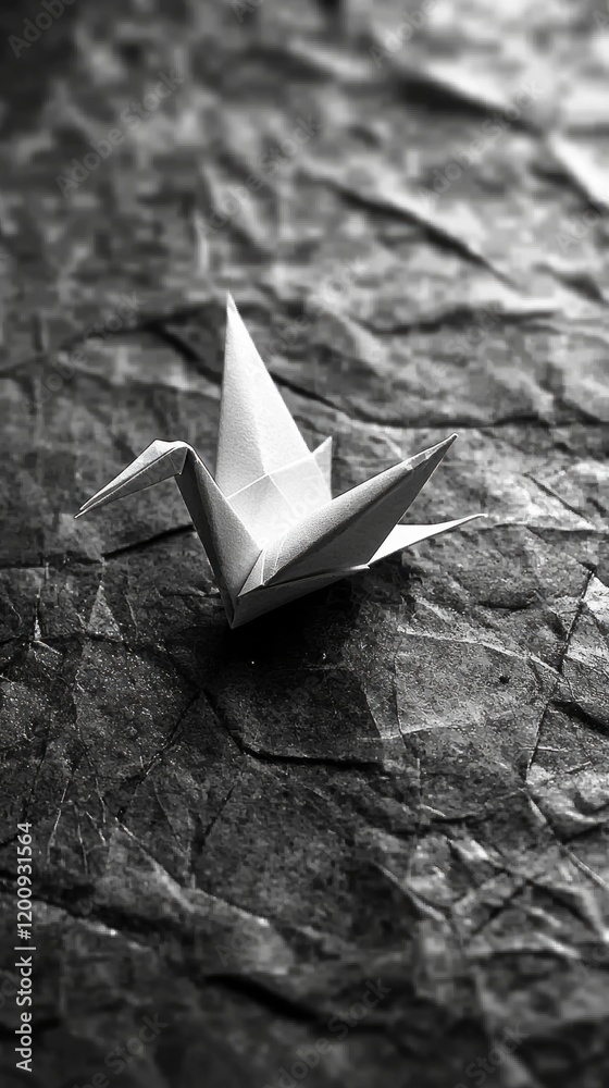 Poster a delicate paper crane resides upon a crinkled, dark surface, showcasing intricate folds and a timel