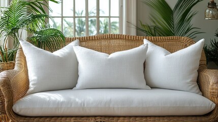Elegant Neutral Couch with Plump White Cushions in Bright Room