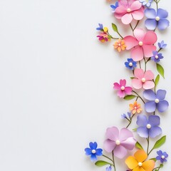 Fototapeta premium Paper flowers border, white background, craft (2)