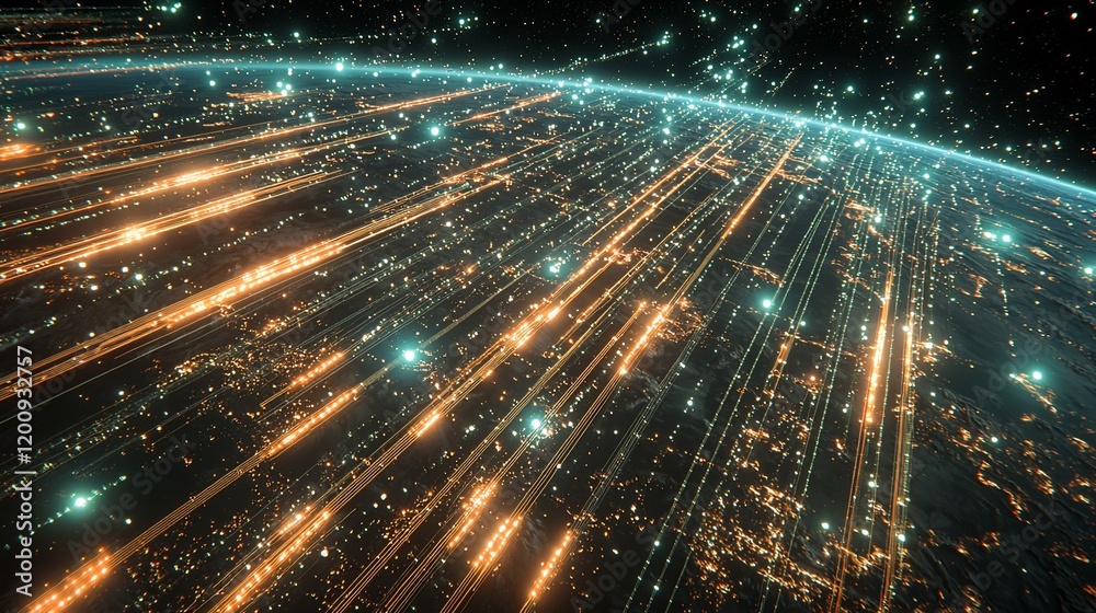 Aufkleber Global network data streams flowing around Earth.