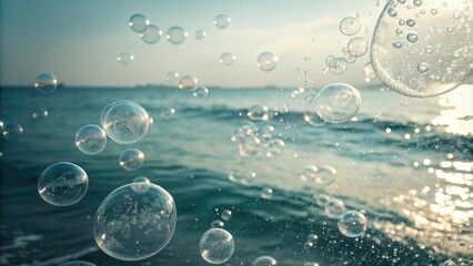 An abstract composition featuring a multitude of water bubbles floating gently through the air, illuminated by soft natural light, atmospheric conditions, bubble, air currents, soft focus, movement