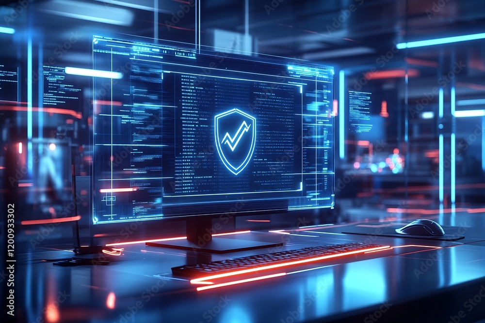 Poster Cybersecurity Interface with Shield Symbol on High-Tech Computer Screen : Generative AI