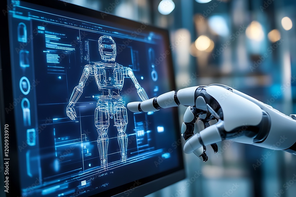 Aufkleber Robotic Hand Interacting with Futuristic Digital Interface of 3D Robot Anatomy Design : Generative AI