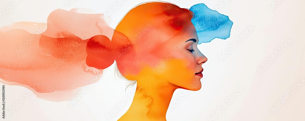 Poster Geometric watercolor concept. A colorful abstract representation of creativity and imagination in profile view.