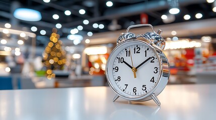 Silver Alarm Clock on Table in Festive Shopping Mall Setting