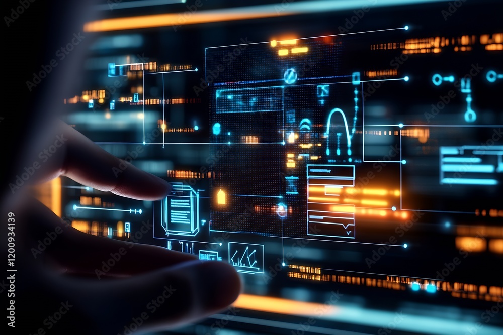 Fototapete Futuristic digital interface with interconnected icons and hands for high-tech innovation concepts : Generative AI