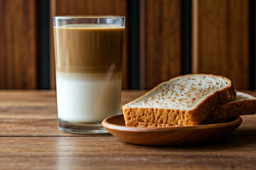  A top view of a glass of coffee and two slices of whole wheat bread on a wooden plate. 