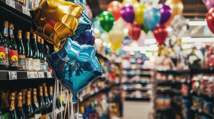 Obraz premium Colorful Balloons in a Supermarket Aisle
