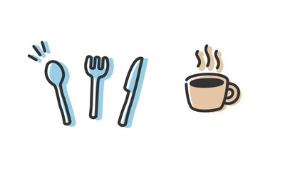 カトラリーとマグカップの手描きイラスト　手書き・落書き風に描かれたフォークとスプーン　アウトライン前・線幅の編集可能