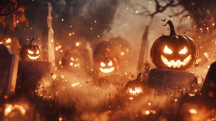 Fototapeta premium Illuminated Jack O Lanterns Among Halloween Graves