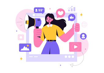 Social Media Marketing Illustration Featuring a Digital Marketing, Boosting Online Likes, Comments, and Followers Growth Through Internet Content