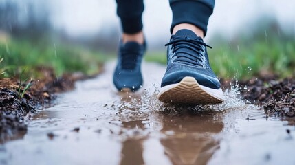 Runner in Splashed Water Wearing Athletic Shoes, Jogging enhances health and strength concept.