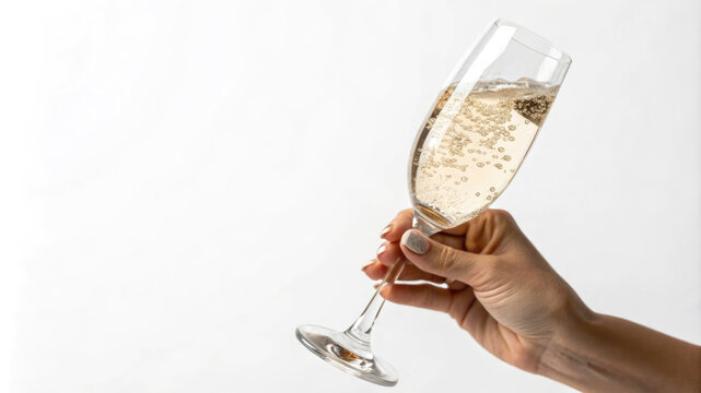 A hand holding a glass of sparkling wine.Isolated festive image of a champagne goblet on a white background