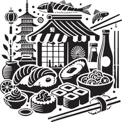 Black Color Sushi Silhouette Vector Illustration, Solid White Background