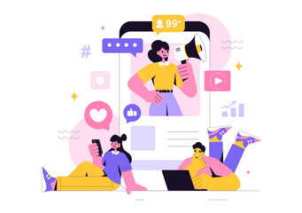 Social Media Marketing Illustration Featuring a Digital Marketing, Boosting Online Likes, Comments, and Followers Growth Through Internet Content