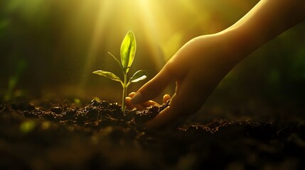 Fototapeta premium Hand planting seedling, sunlight, soil, growth, nature, hope, environment, sustainability, background, ecology