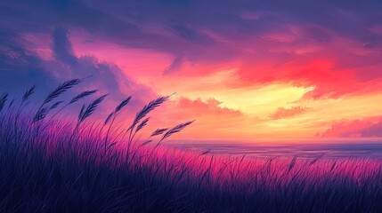 Obraz premium A serene prairie landscape with tall grass swaying in the wind and a colorful sunset