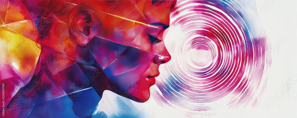 Poster geometric watercolor concept. abstract representation of a thoughtful person in vibrant colors and s