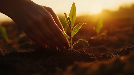 Fototapeta premium Sunset field hands planting seedling growth agriculture