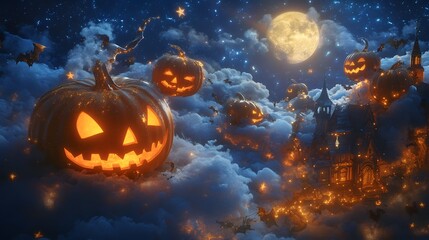 Naklejka premium Glowing Jackolanterns Float Above a Haunted House in the Clouds