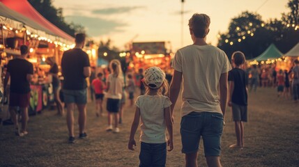 Obraz premium Father and child at a summer evening fair, enjoying the festive atmosphere and attractions.