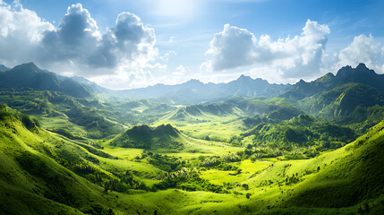 Obraz premium breathtaking landscape vista of secluded valley surrounded by lush green mountains and vibrant vegetation, evoking sense of tranquility and wonder