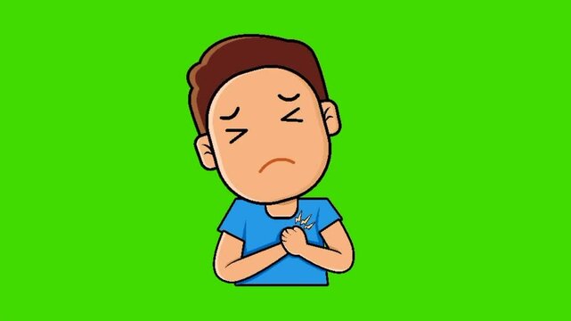 animation of boy with heart attack. Character with chest pain. Heartache