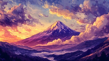 Fototapeta premium Majestic Mountain Peak at Sunset Over Rolling Hills