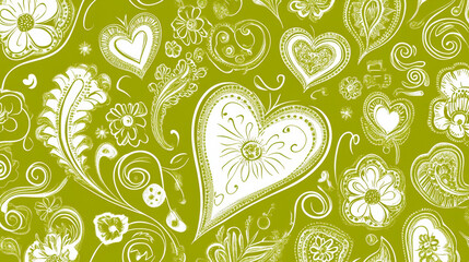 Fototapeta premium Lush outline white paisley flowers seamless pattern with heart shape stamen on green background for interior or textile design
