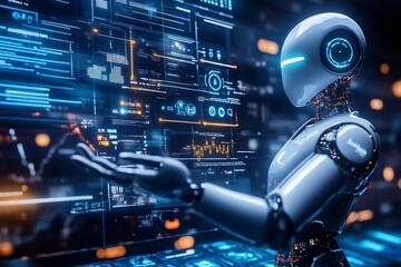 Advanced AI Robot Analyzing Data on Digital Screens in Futuristic Technological Environment : Generative AI