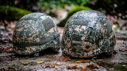 Camouflage helmets, forest, damp ground, comparison