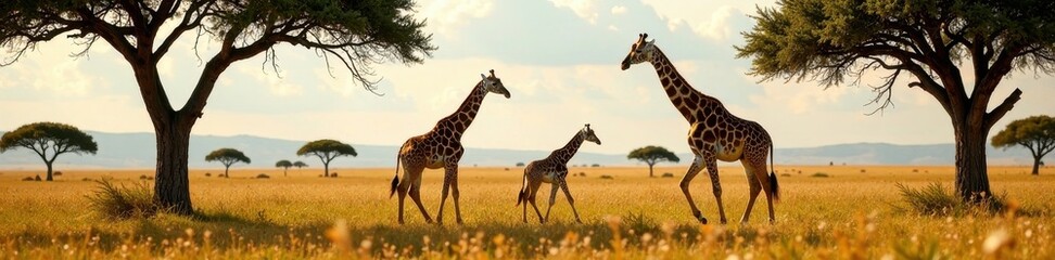 Obraz premium Giraffe family strolls through Tsavo's acacia trees, stripes, picture, serene