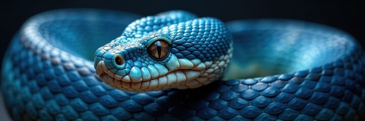 Blue viper snake portrait, intricate scales visible, nature, dangerous