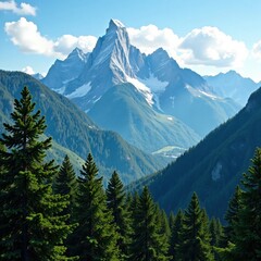 Fototapeta premium Majestic mountain vista, dense pine and fir canopy, conifers, background, forest