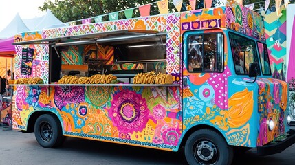 Mexican food truck offering tacos and burritos in a lively street food setting.