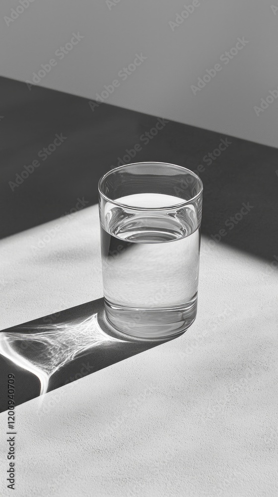 Poster sunlight streams through a window, illuminating a clear glass of water. the glass reflects the light
