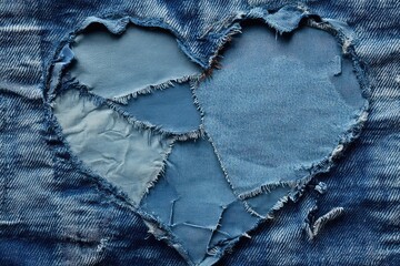 A close-up of a frayed denim heart design, perfect for crafting Valentine's Day cards or backgrounds.