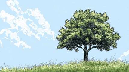 Fototapeta premium Solitary Tree Under a Blue Sky: A Peaceful Landscape