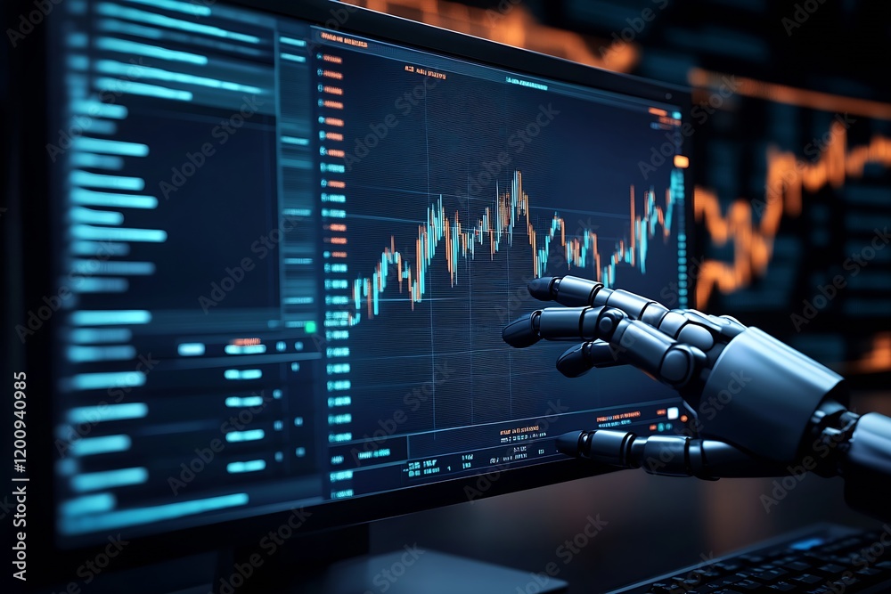 Leinwandbilder robotic hand monitors stock market data on advanced trading software interface : generative ai