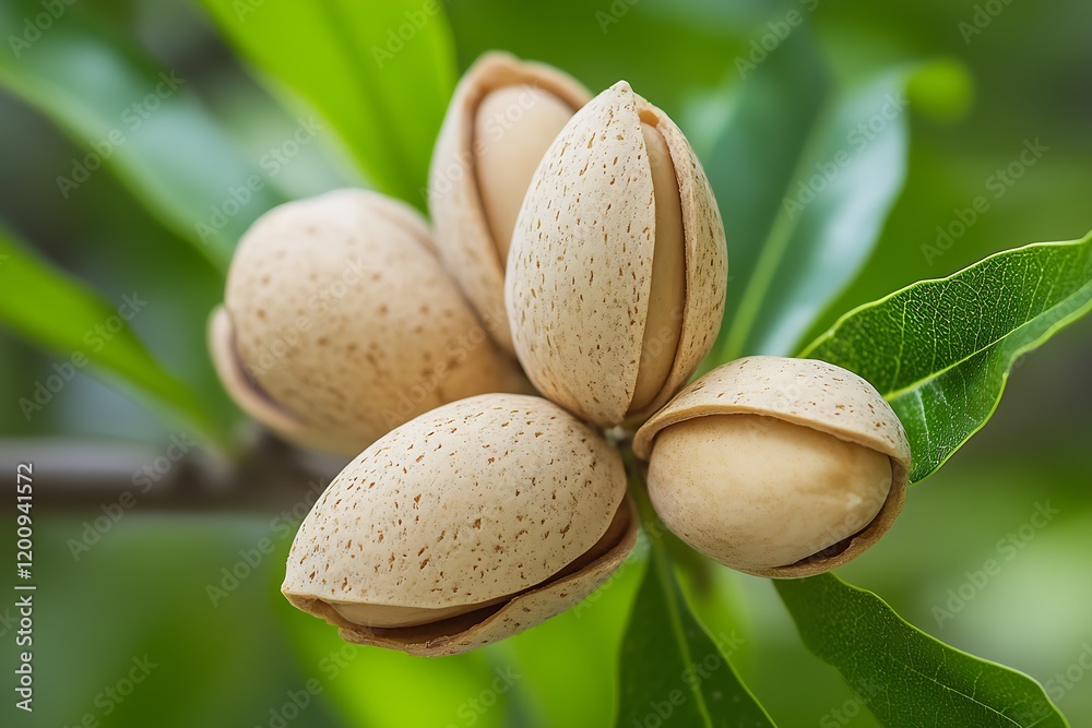 Poster Cluster of Almond Nuts with Split Shells on Tree Surrounded by Lush Verdant Leaves : Generative AI