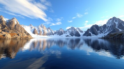 Fototapeta premium Serene mountain landscape reflecting in calm waters under blue sky.