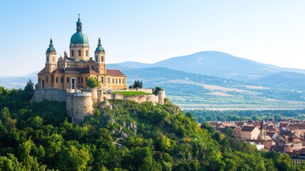 Naklejka premium Hilltop Church and Mountain Landscape