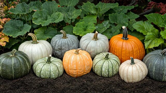 Colorful pumpkins arranged in a garden during the autumn season showcasing seasonal harvest
