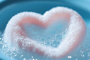 Fototapeta premium A close-up of a heart-shaped bubble frame, surrounded by sparkling foam in a blue basin.