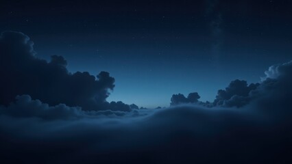 Fototapeta premium A mesmerizing nocturnal vista: an eye-level panorama reveals a deep blue night sky draped in swirling dark clouds. The horizon dips into shadow as silhouetted clouds dance over a gradient of twilight 