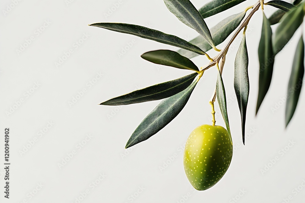 Poster green olive on branch with subtle silver leaves against clean minimalist backdrop : generative ai
