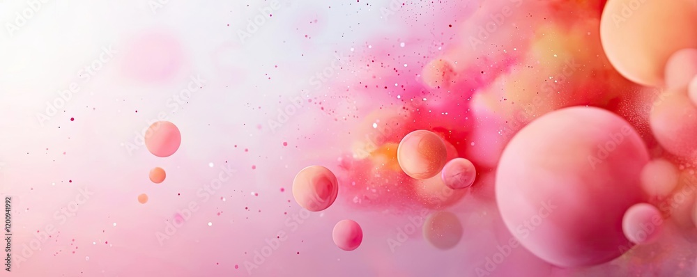 Poster light pink watercolor idea. abstract colorful spheres and splashes on a soft background, ideal for c
