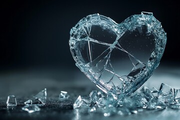 Fototapeta premium A broken heart made of glass, with shattered pieces scattered around it. The background is dark and moody, creating an atmosphere that evokes sadness or loss. 