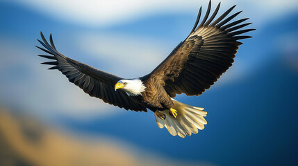 Fototapeta premium A bald eagle soaring over a vast canyon, with its wings fully extended and sharp focus on its eyes, against a bright blue sky