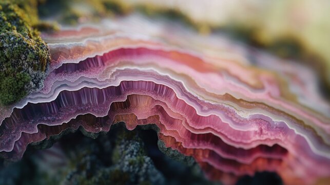 Pink layered mineral close-up, nature background, geological texture, science illustration